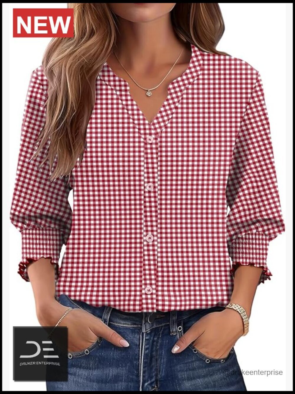 Button Down Shirts 3/4 Length Sleeve V-Neck Smocked Cuff Lightweight Cotton